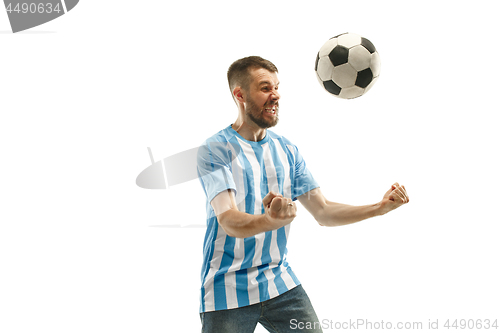 Image of The Argentinean soccer fan celebrating on white background