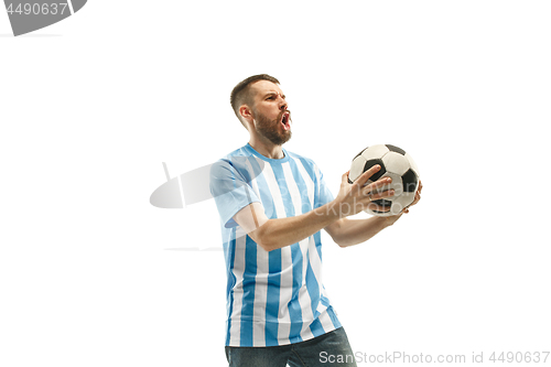 Image of The Argentinean soccer fan celebrating on white background