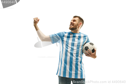 Image of The Argentinean soccer fan celebrating on white background