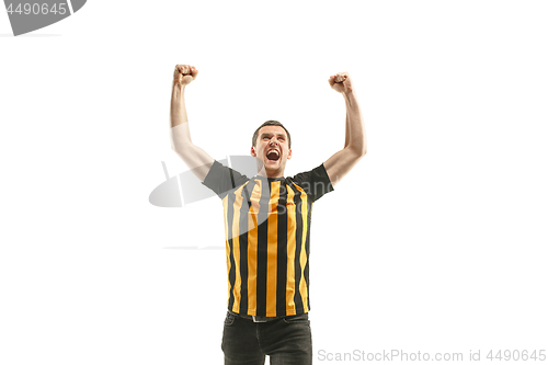 Image of The Belgian soccer fan celebrating on white background