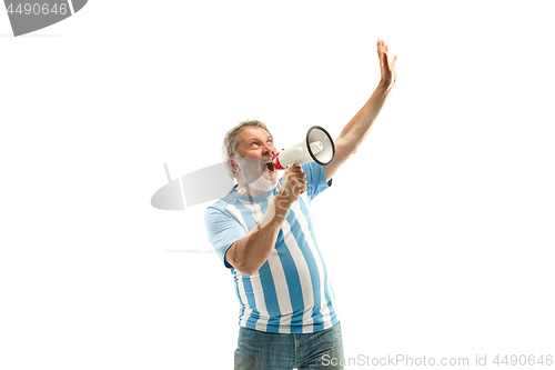 Image of The Argentinean soccer fan celebrating on white background