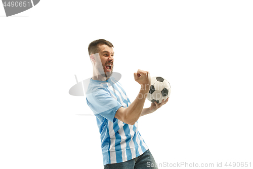 Image of The Argentinean soccer fan celebrating on white background