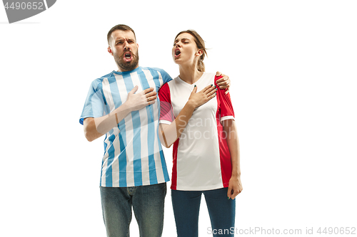 Image of The soccer fans celebrating on white background
