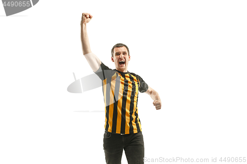 Image of The Belgian soccer fan celebrating on white background