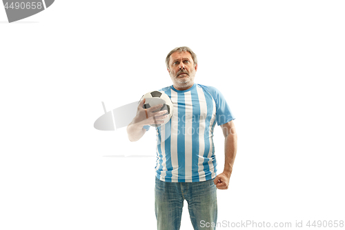 Image of The Argentinean soccer fan celebrating on white background