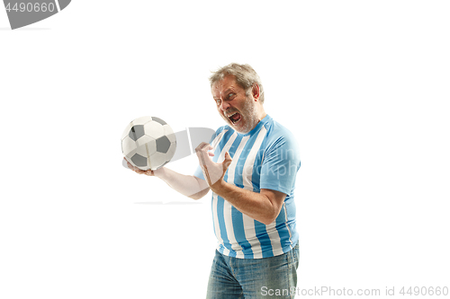 Image of The Argentinean soccer fan celebrating on white background