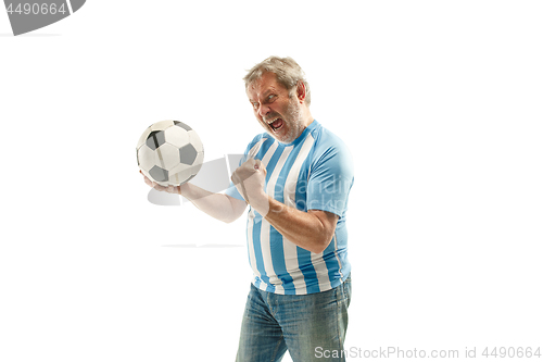 Image of The Argentinean soccer fan celebrating on white background