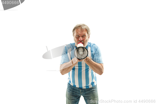 Image of The Argentinean soccer fan celebrating on white background