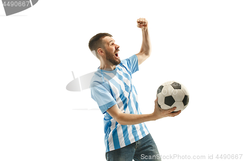 Image of The Argentinean soccer fan celebrating on white background