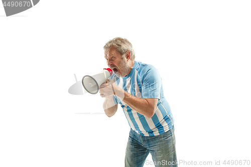 Image of The Argentinean soccer fan celebrating on white background