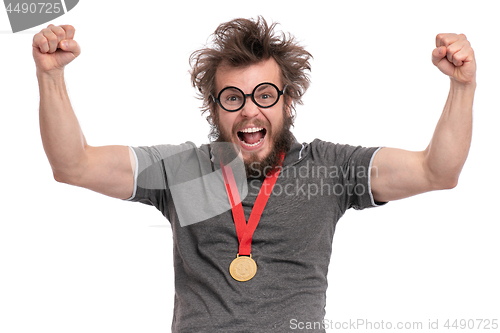 Image of Crazy bearded man with medal