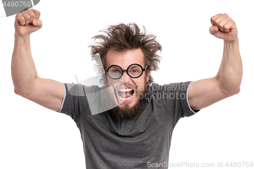 Image of Crazy bearded man emotions and signs