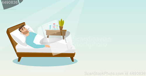 Image of Sick man with thermometer laying in bed.