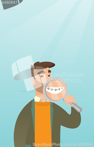 Image of Man examining her teeth with a magnifier.