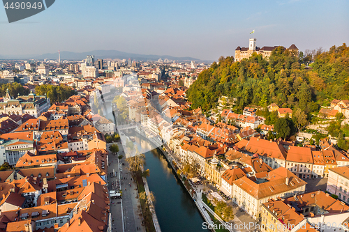 Image of Cityscape of Ljubljana, capital of Slovenia in warm afternoon sun.