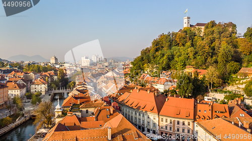 Image of Cityscape of Ljubljana, capital of Slovenia in warm afternoon sun.