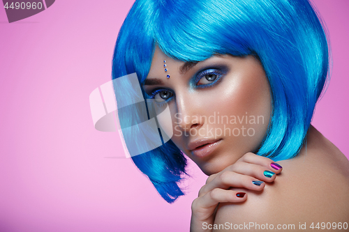 Image of Beautiful girl in blue wig