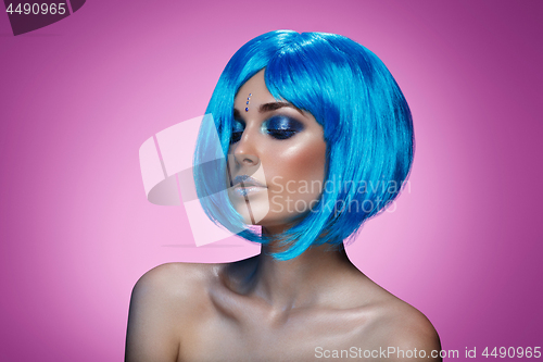 Image of Beautiful girl in blue wig