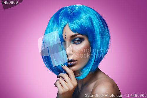 Image of Beautiful girl in blue wig