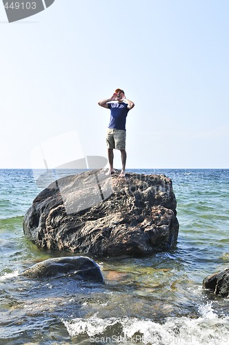 Image of Man stranded on a rock in ocean