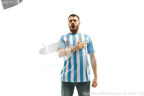 Image of The soccer Argentinean fan celebrating on white background