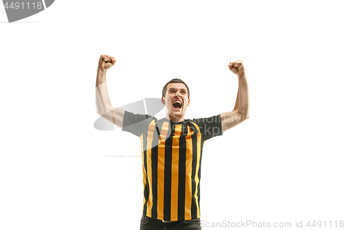 Image of The Belgian soccer fan celebrating on white background