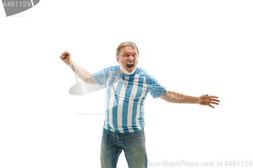 Image of The Argentinean soccer fan celebrating on white background