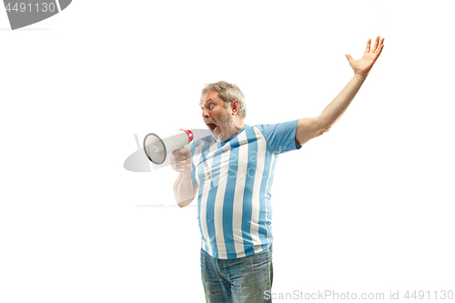 Image of The Argentinean soccer fan celebrating on white background