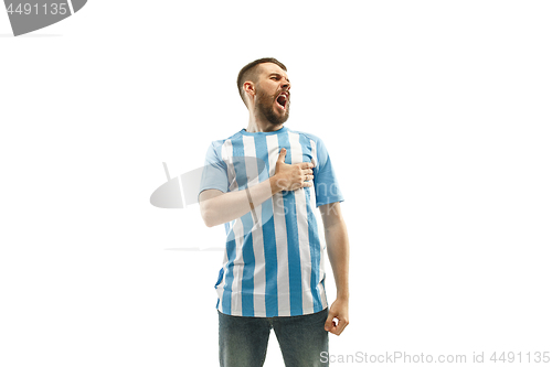 Image of The soccer Argentinean fan celebrating on white background