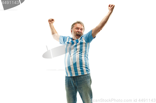 Image of The Argentinean soccer fan celebrating on white background