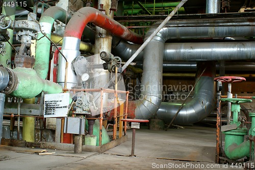 Image of Pipes, tubes, machinery and steam turbine at a power plant