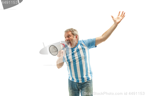 Image of The Argentinean soccer fan celebrating on white background