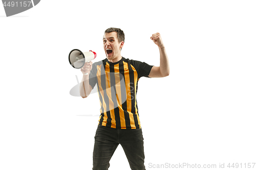 Image of The Belgian soccer fan celebrating on white background