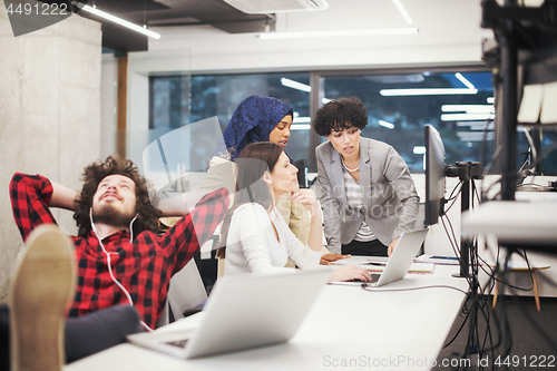 Image of software developer resting with legs on desk