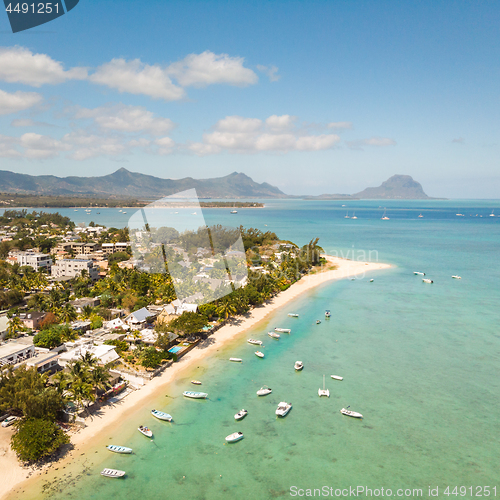Image of Top down aerial view of tropical beach in Black River, Mauritius island.