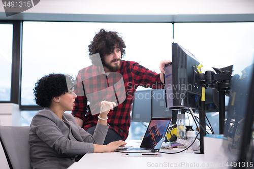 Image of software developers couple writing programming code