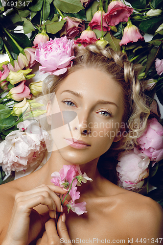 Image of Beautiful girl lying in flowers