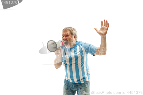 Image of The Argentinean soccer fan celebrating on white background