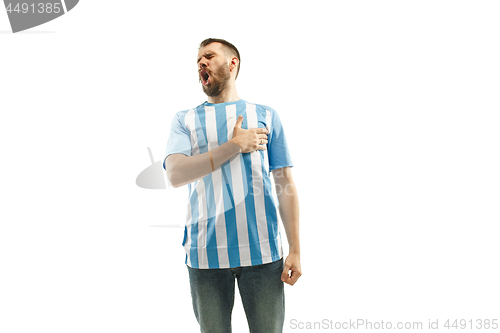 Image of The soccer Argentinean fan celebrating on white background