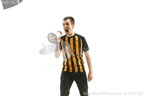 Image of The Belgian soccer fan celebrating on white background