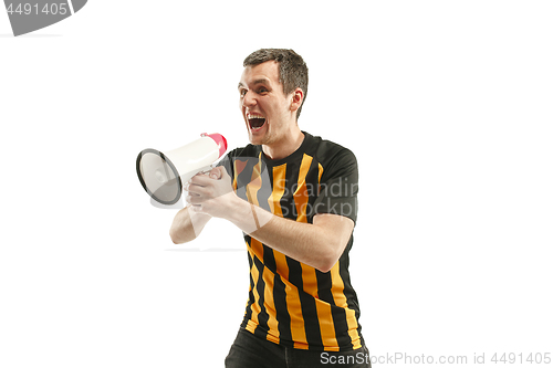 Image of The Belgian soccer fan celebrating on white background