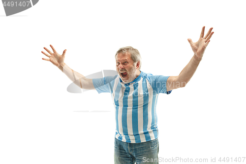 Image of The Argentinean soccer fan celebrating on white background