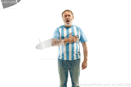 Image of The soccer Argentinean fan celebrating on white background