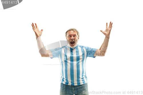 Image of The Argentinean soccer fan celebrating on white background