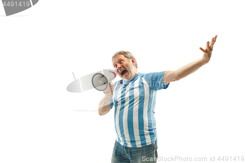 Image of The Argentinean soccer fan celebrating on white background