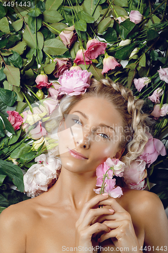Image of Beautiful girl lying in flowers