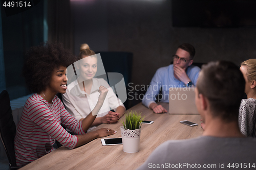 Image of Multiethnic startup business team in night office