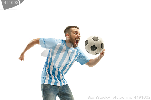 Image of The Argentinean soccer fan celebrating on white background