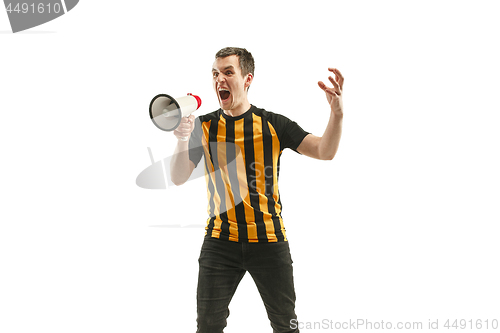 Image of The Belgian soccer fan celebrating on white background