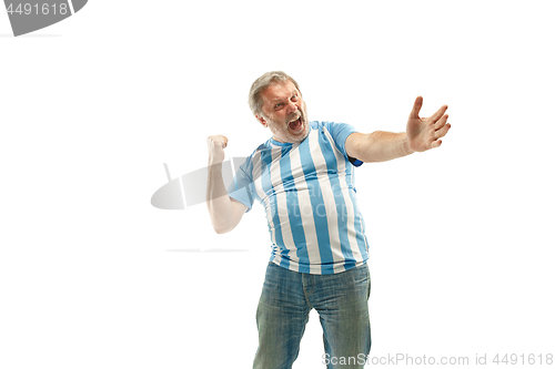 Image of The Argentinean soccer fan celebrating on white background